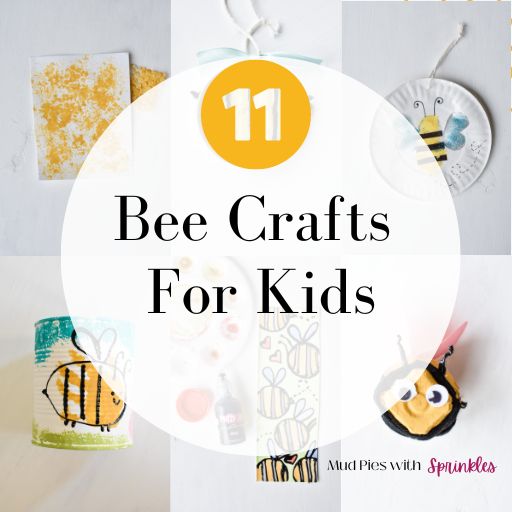 Six images of simple bee crafts for kids using recycled materials such as recycled cans, top of milk jug, egg carton, paper plate, bubble wrap, tissue paper, and toilet paper roll.