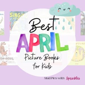 Best April picture books for kids book covers arranged in two rows on a purple background with hand-lettering colorful font. Book covers include singing in the rain, the empty pot, Simon and the better bone, Imogene's antlers, blue on blue, and a fun smiling rain cloud.