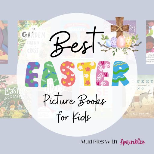 Two rows of the best Easter read aloud books for kids with fun and colorful font and a watercolor painted cross and easter eggs.