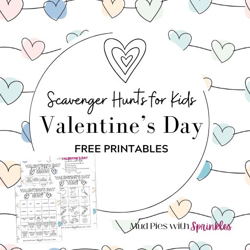 Free Valentine's Day Scavenger hunt for kids printable examples with picture finds, Valentines-themed bucket list for kids, Valentine's Day booklist for kids with decorative candy hearts and heart outlines.