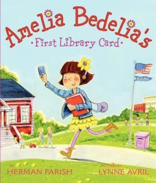Young Amelia Bedelia runs across the library lawn holding her library card and a library book on the book cover of "Amelia Bedelia's First Library Card" by Herman Parish, a book on the Best Picture Books that Celebrate Reading Booklist.