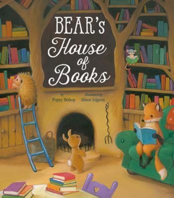 Woodland animal friends gather together in Bear's house and read books on the book cover of "Bear's House of Books," a book on the Best Picture Books that Celebrate Reading Booklist.