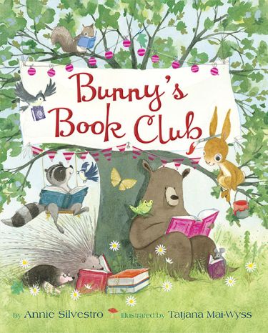 A group of woodland creatures gather under a tree to read books together on the book cover "Bunny's Book Club," a book on the Best Picture Books that Celebrate Reading Booklist.