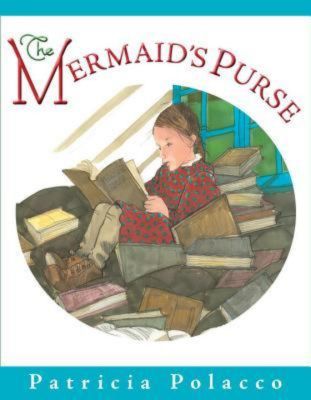 A young girl reads a book on her bed surrounded by many books on the classic children's book cover "The Mermaid's Purse" by Patricia Polacco, a book on the best Picture Books that Celebrate Reading booklist.