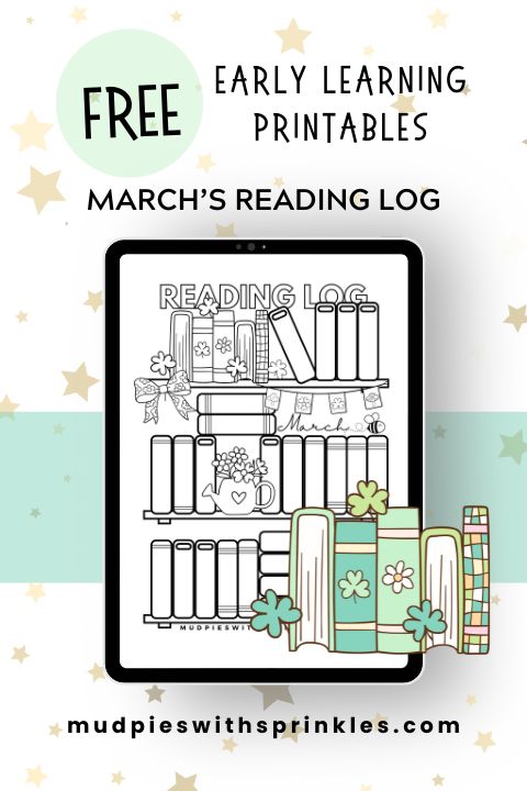 A collection of the best books to read in March: A picture book collection featuring free printables including free reading logs, book bingo, and book coloring pages with fun clover, bows, flowers, and lines for tracking book titles read in the month of March.