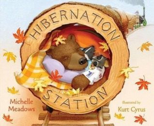 A bear snuggles with other napping woodland creatures on the beloved nature book "Hibernation Station" by Michelle Meadows, a children's book featured on the best hibernation books for kids booklist.