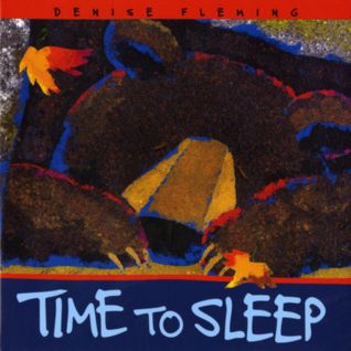 A big black bear sleeps soundly on the children's nonfiction picture book "Time to Sleep" by Denise Fleming, a science book featured on the best hibernation books for kids booklist.